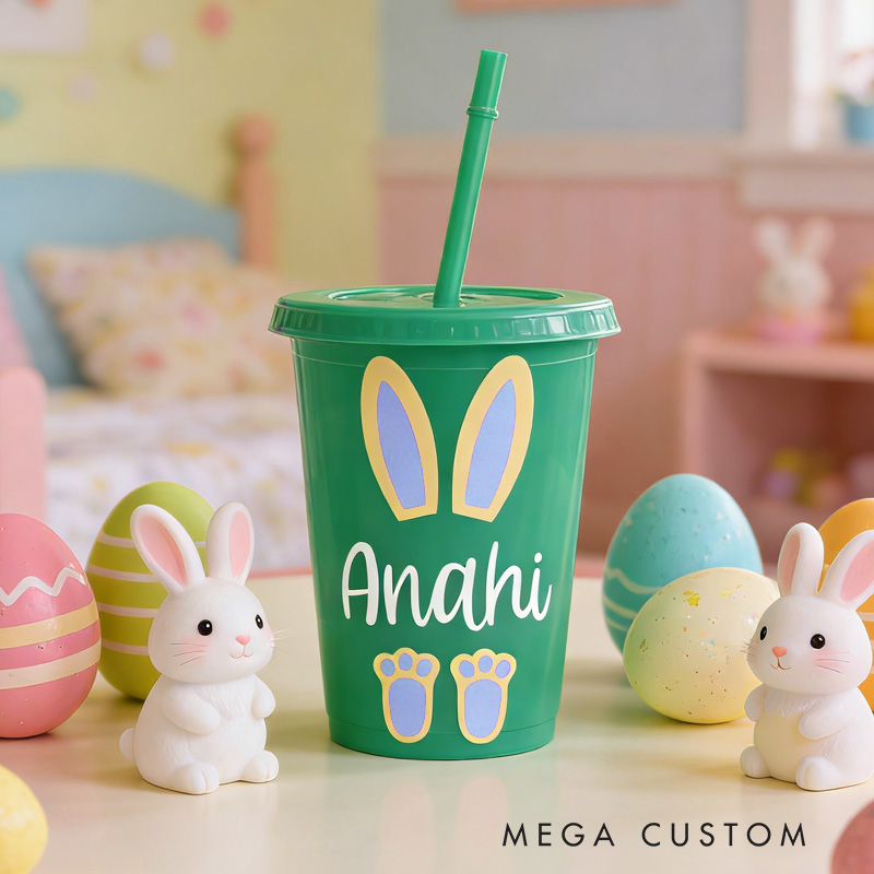 Personalized Easter Bunny Ears Name Cup Cute Holiday Gift for Kids Spring Celebration Children's cup with straw