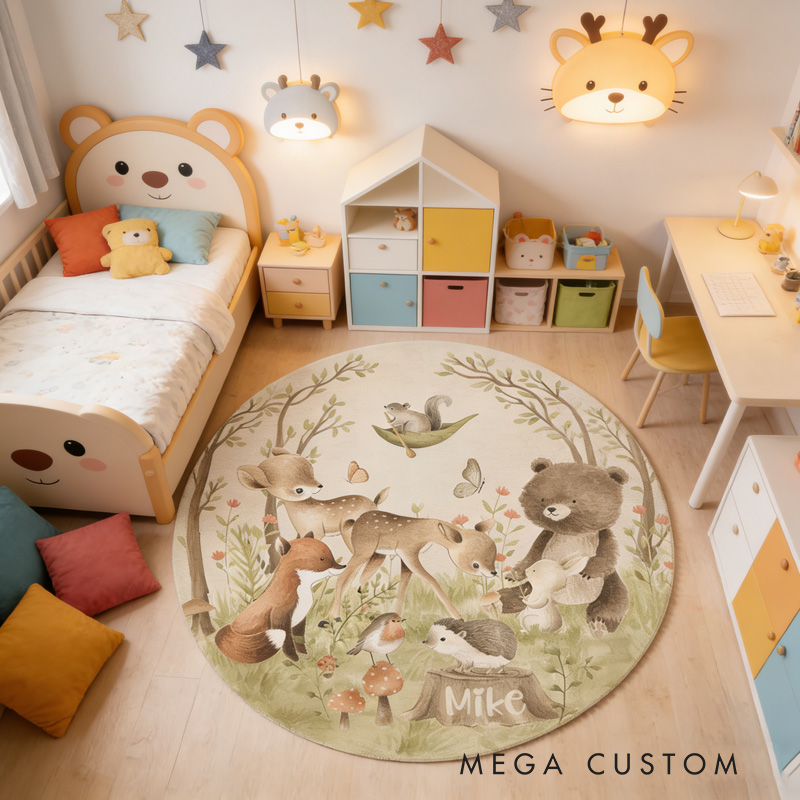 Personalized Woodland Animal Forest Theme Name Mat Soft Nursery Play Area Decor Carpet Rug for Kids