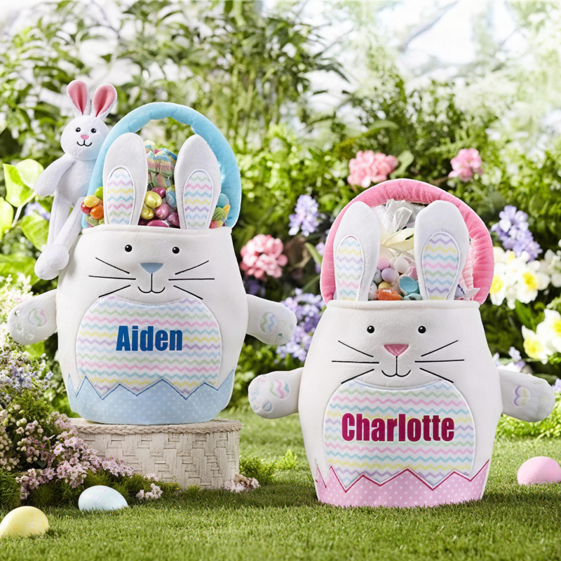 Personalized Name Plush Bunnies Easter Basket Easter Treat Bag Easter Party Favor Easter Gift for Kids Boys Girls