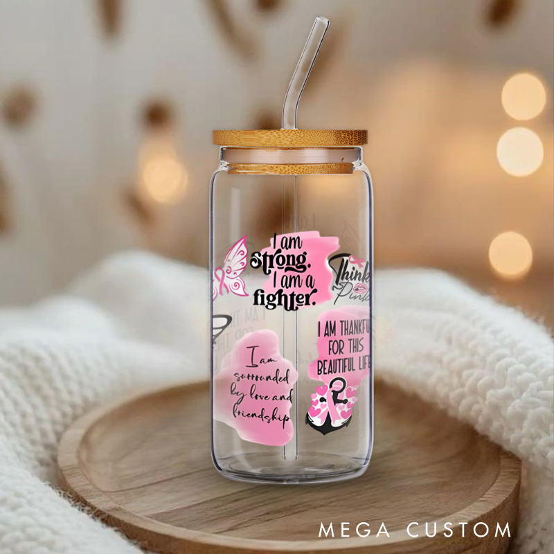 Personalized Breast Cancer Awareness Pink Ribbon Design Glass for Fighters and Survivors Inspirational Glasse Cup