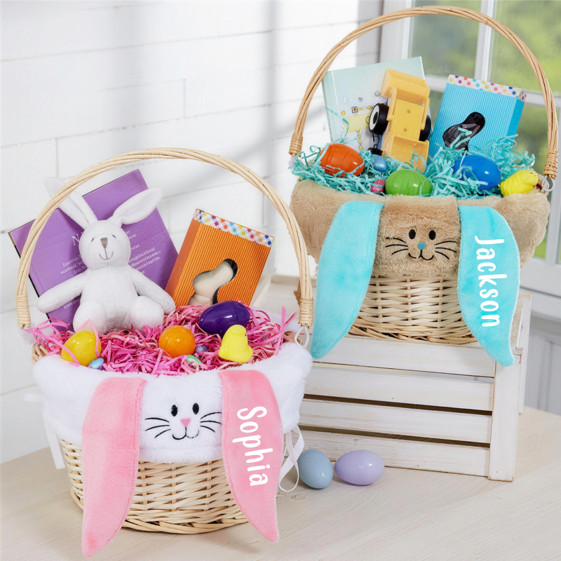 Personalized Bunnies Easter Basket with Name Easter Treat Bag Easter Party Favor Easter Gift for Kids Boys Girls
