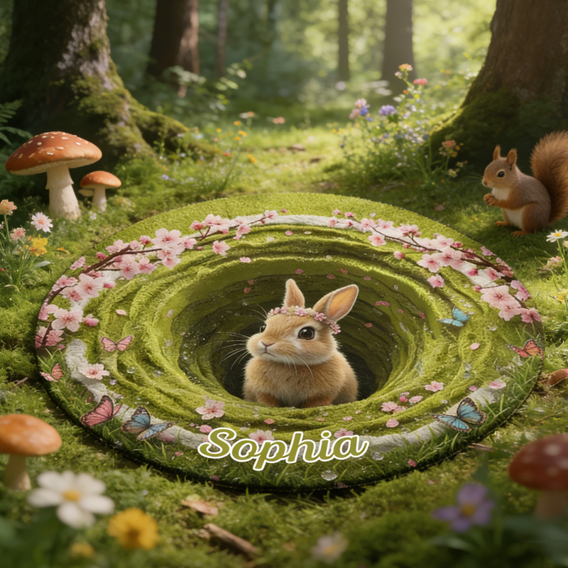 Personalized Bunny Hole Garden Theme Name Mat 3D Rabbit Meadow Spring Nursery Playroom Carpet Rug for Kids