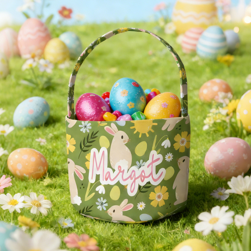 Personalized Bunnies Easter Basket with Name Easter Treat Bag Easter Party Favor Easter Gift for Kids 