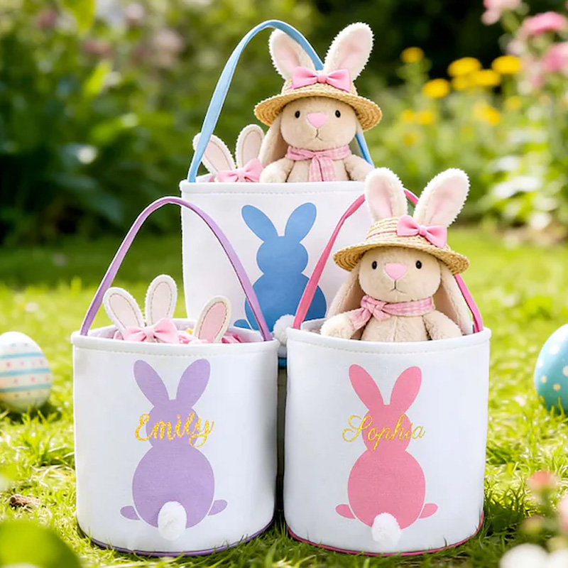 Personalized Easter Bunny Tail Theme Name Basket Cute Spring Gift Bag for Egg Hunt and Holiday Celebration