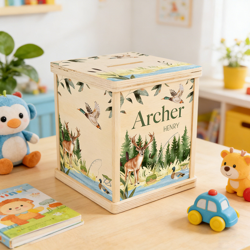 Personalized Woodland Forest Animal Theme Name Wooden Money Box Nature Nursery Gift Keepsake Piggy Bank