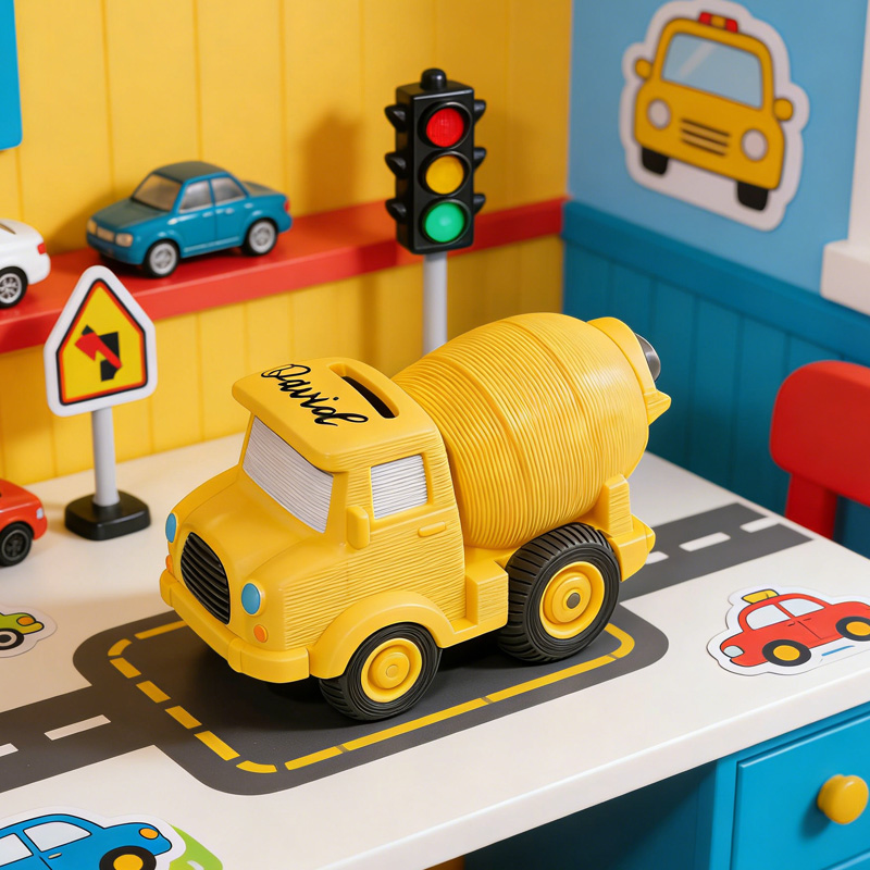 Personalized Construction Truck Theme Name Yellow Cement Mixer Toy Money Box Kids Room Decor 3D Printing Piggy Bank