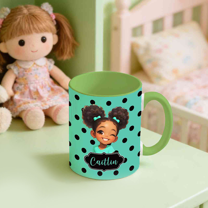 Personalized Polka Dot Theme Name Cute Girl Character Art Custom Coffee Tea Cup Gift Mug