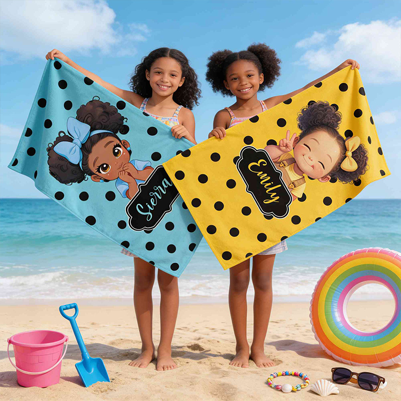 Personalized Colorful Polka Dot Theme Name Cute Girl Character Art Summer Swim Pool Accessory Gift Beach Towel