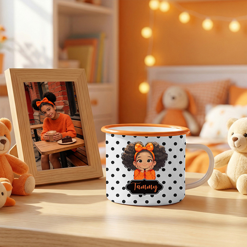 Personalized Polka Dot Theme Name Cute Girl Character Art Color Rim Coffee Tea Cup Gift Collection Enamel Mug