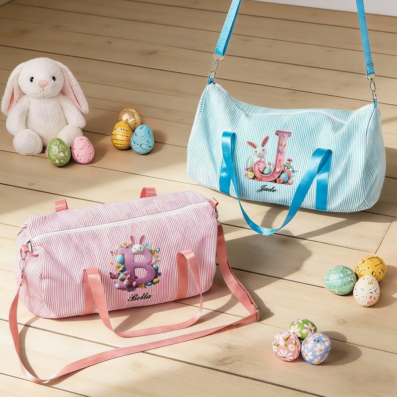 Personalized Pink Bunny Initial Easter Egg Striped Canvas Large Capacity Travel Bag with Name and Shoulder Strap Easter Birthday Gift for Kids