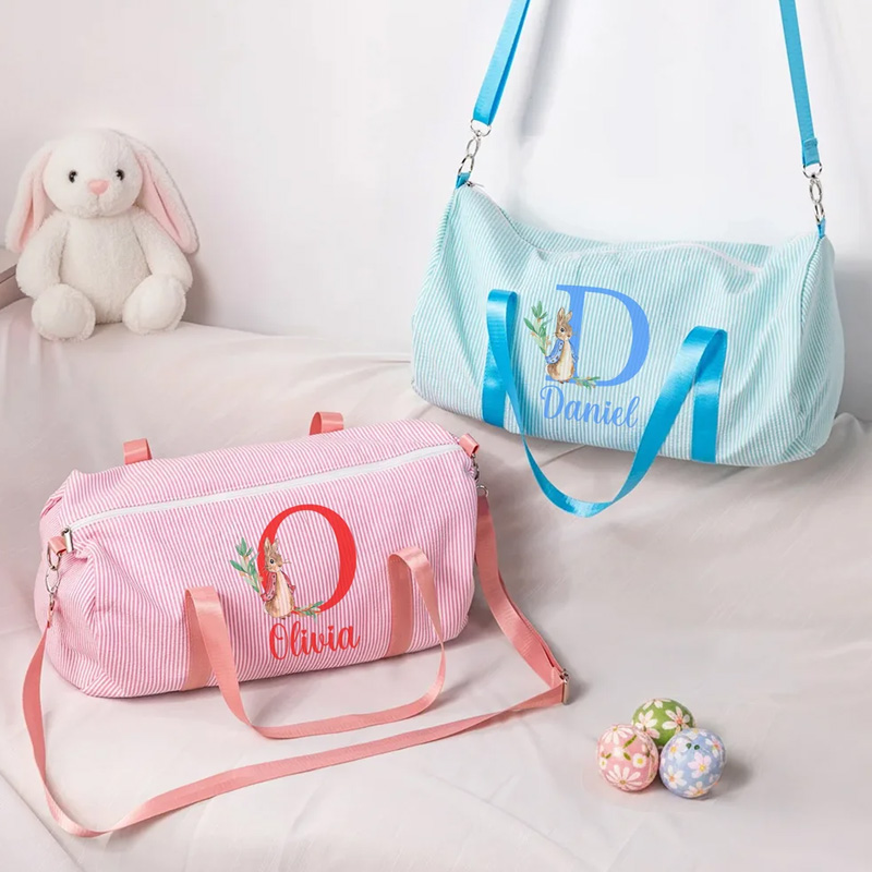 Personalized Cute Peter Rabbit Striped Canvas Large Travel Bag with Name and Shoulder Strap Travel Easter Gift for Kids