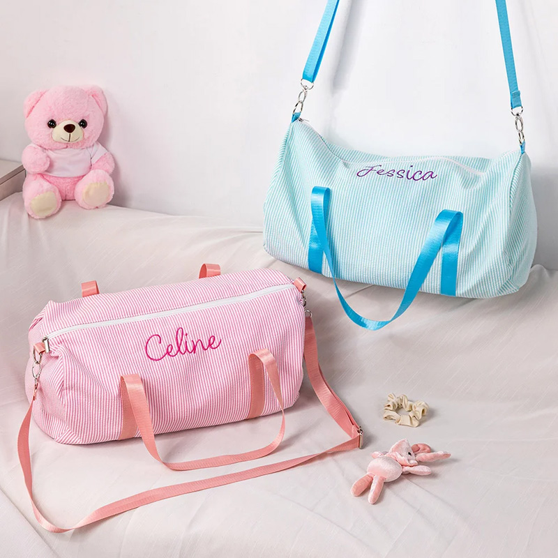 Personalized Embroidery Name Striped Large Seersucker Dance Duffle Bag with Shoulder Strap Back to School Birthday Gift for Girls