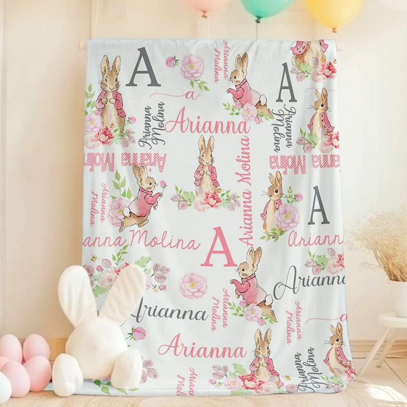 Personalized Rabbit Bunny Floral Blanket with Initial and Name Easter Birthday Gift for Kids