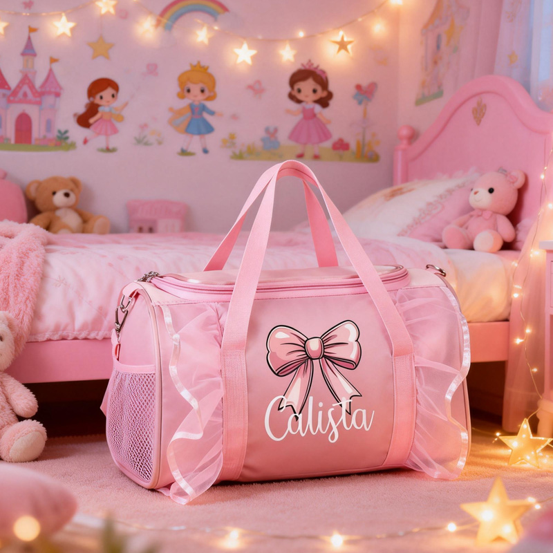 Personalized Pink Bow Theme Name Lace Trim Cute Girl Travel Overnight Tote Weekend Carry On Gift Duffle Bag
