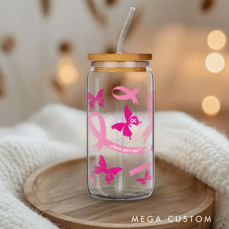 Personalized Pink Ribbon and Butterfly Pattern Engraved Glass for Breast Cancer Awareness Support Glasse Cup