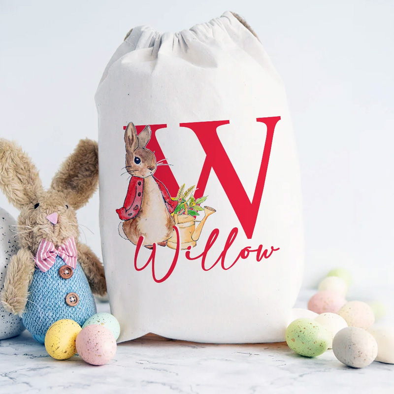 Personalized Cute Easter Bunny Drawstring Gift Bag with Initial and Name Easter Birthday Gift for Kids Family