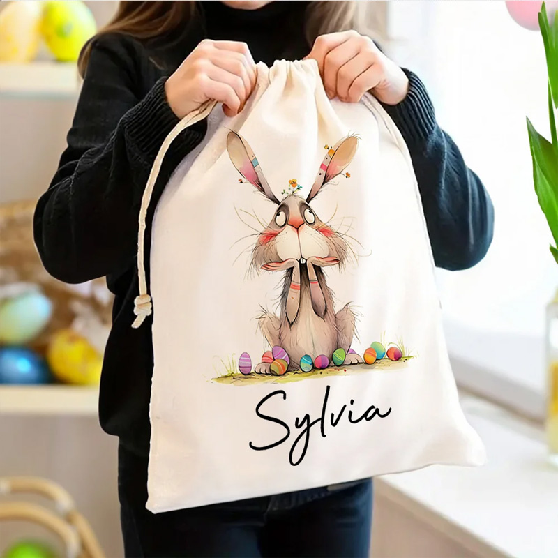 Personalized Quirky Easter Bunny Large Capacity Drawstring Canvas Treat Bag with Name Easter Egg Hunt Holiday Party Favors Gift for Kids Family