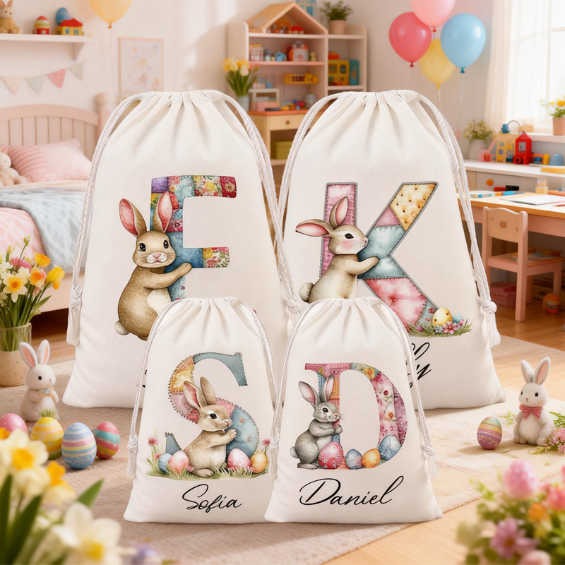 Personalized Bunny Drawstring Bags Custom Name Bunny Designs for Egg Hunts Easter Party Favors Bunny Drawstring Bags 