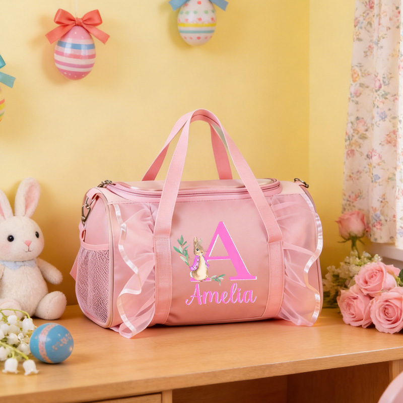 Personalized Floral Alphabet Letter Theme Name Pink Lace Trim Cute Girl Travel Overnight Tote Weekend Gift Duffle Bag