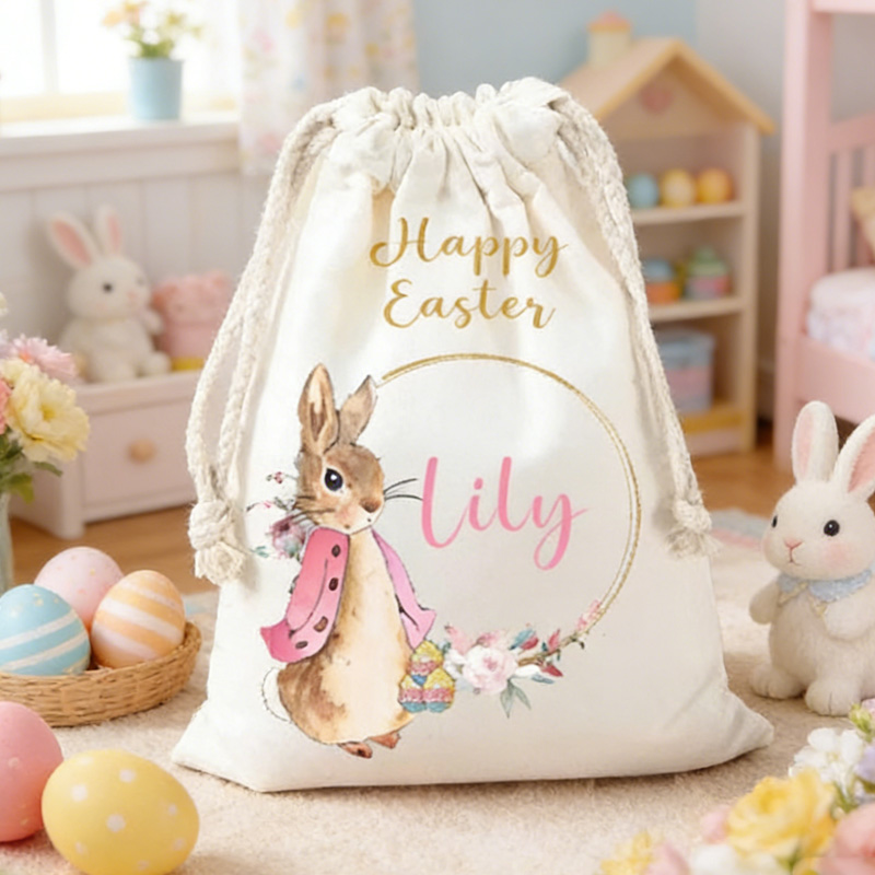 Personalized Easter Bunny Theme Name Custom Cotton Drawstring Gift Bag Kids Candy Storage Reusable Gift Bag