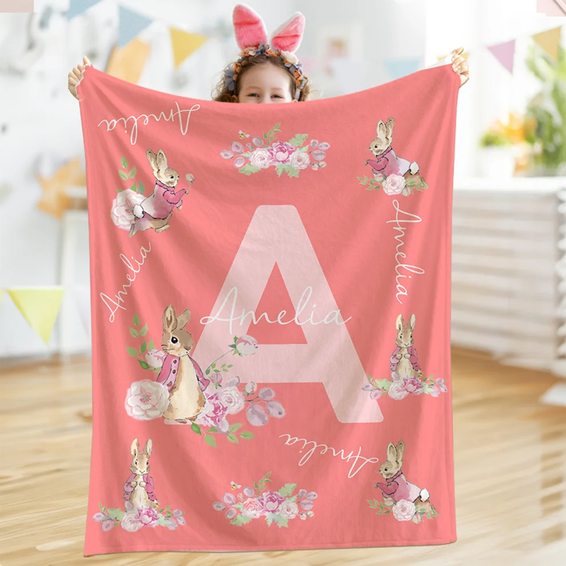 Personalize Cute Bunny Peter Rabbit Soft Throw Blanket with Name and Initial Home Decor Birthday Christmas Gift for Boys Girls