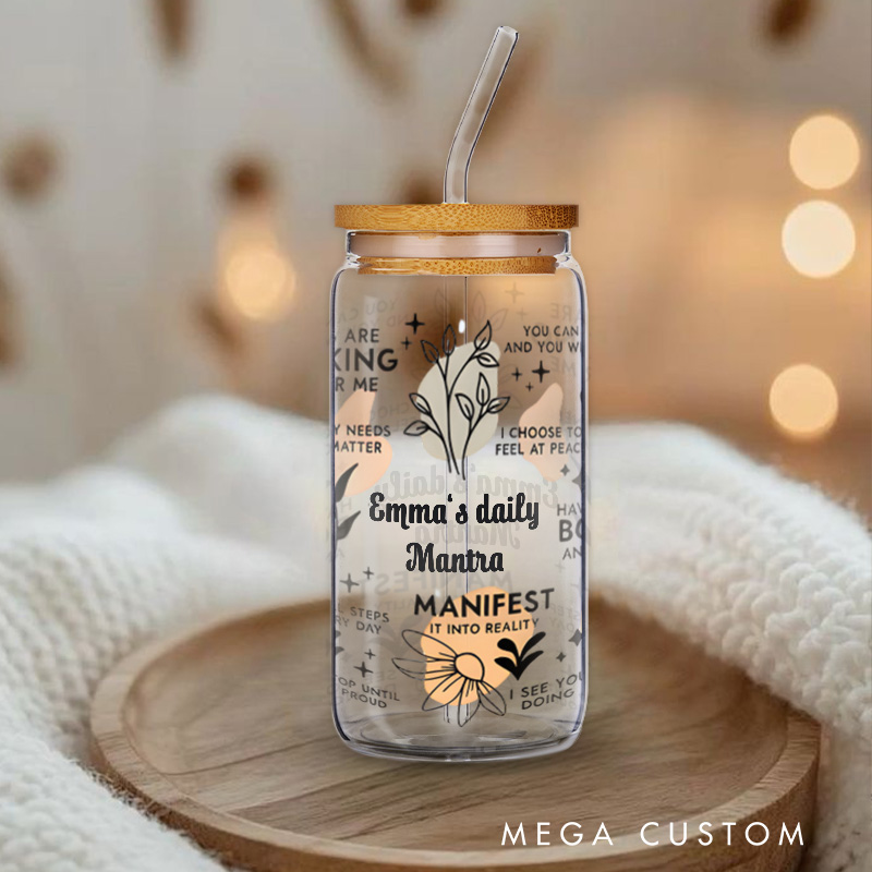 Personalized Manifest Daily Mantra Floral Engraved Glass for Positive Vibes and Mindfulness Glasse Cup