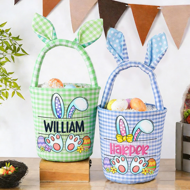 Personalized Easter Bunny Theme Name Gingham Fabric Basket with Ears Kids Egg Hunt Gift Tote Spring Storage Basket