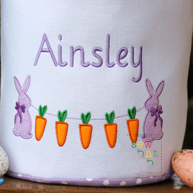 Personalized Easter Bunny Theme Name Embroidered Carrot Pattern Fabric Basket Kids Egg Hunt Gift Storage Tote