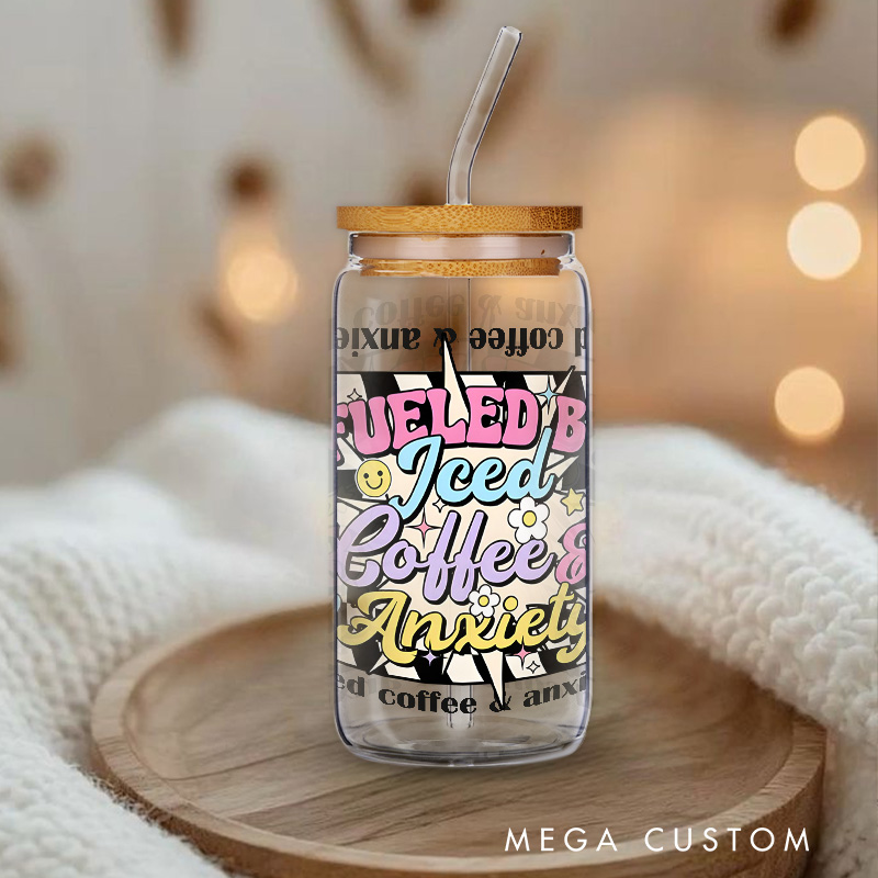 Personalized Fueled by Coffee and Anxiety Colorful Engraved Glass for Humor and Daily Motivation Unique Glasse Cup