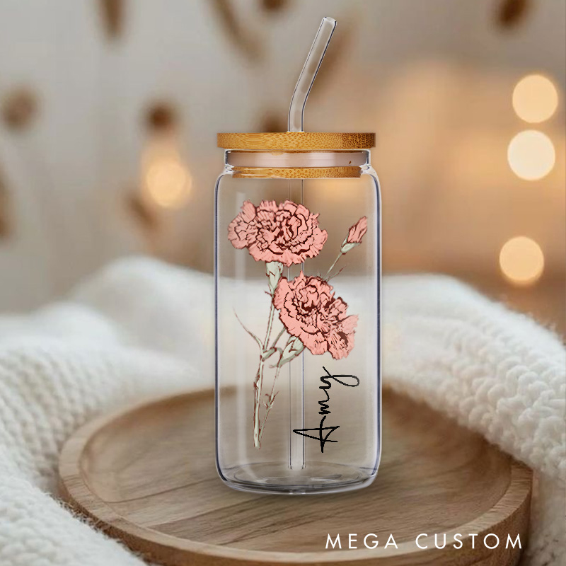 Personalized Birthday Flower Engraved Name Glass for Delicate and Feminine Aesthetic Beautiful Glasse Cup