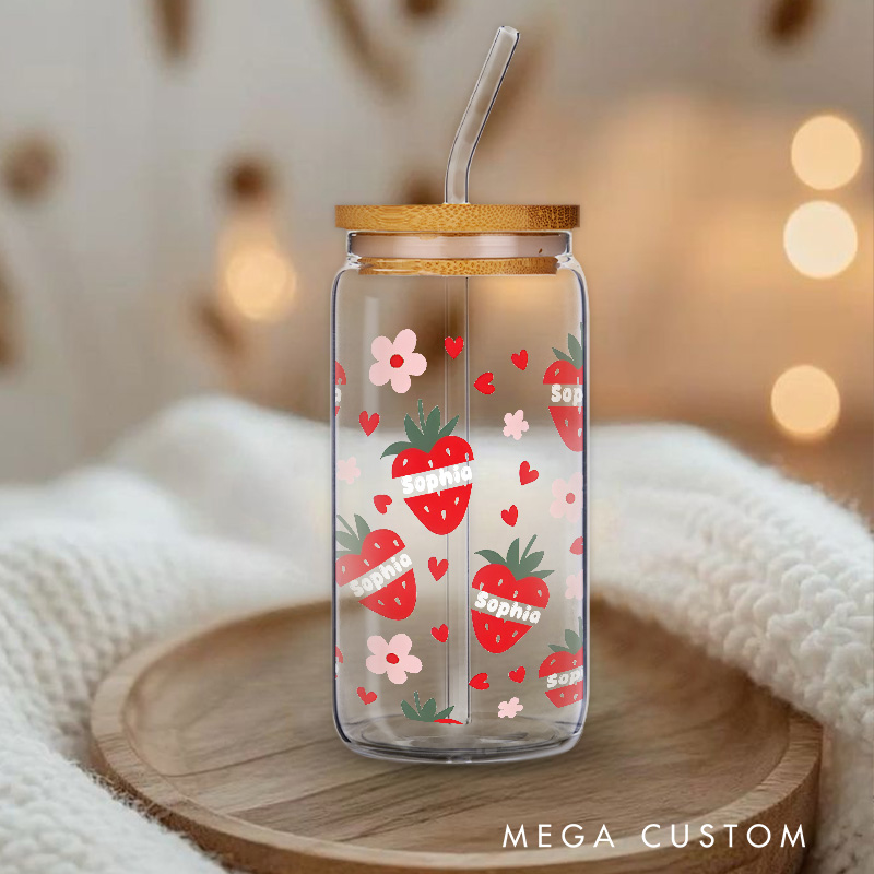 Personalized Strawberry and Flower Pattern Engraved Glass for Cute and Playful Design Adorable Glasse Cup