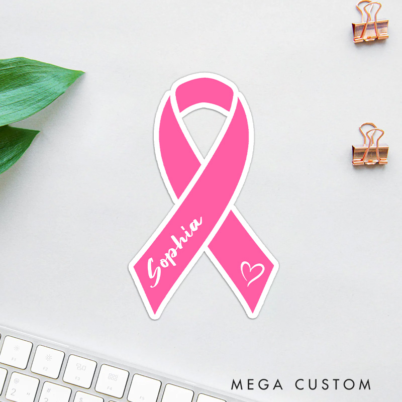Personalized Pink Ribbon Sticker with Heart Accent for Breast Cancer Awareness and Supportive Style Stickers