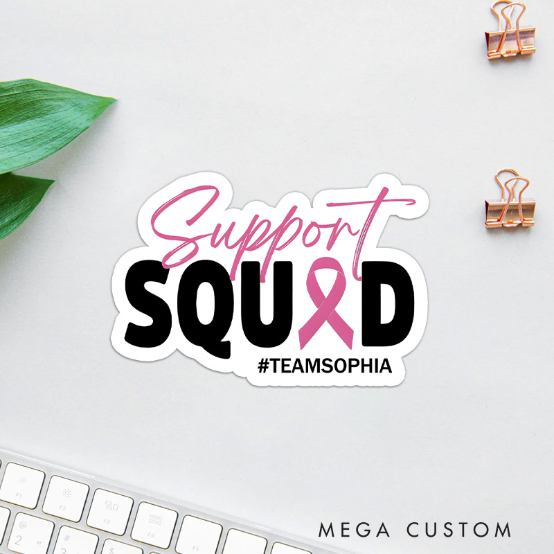 Personalized Support Squad Pink Ribbon Sticker with Team Hashtag for Unity and Encouragement Stickers