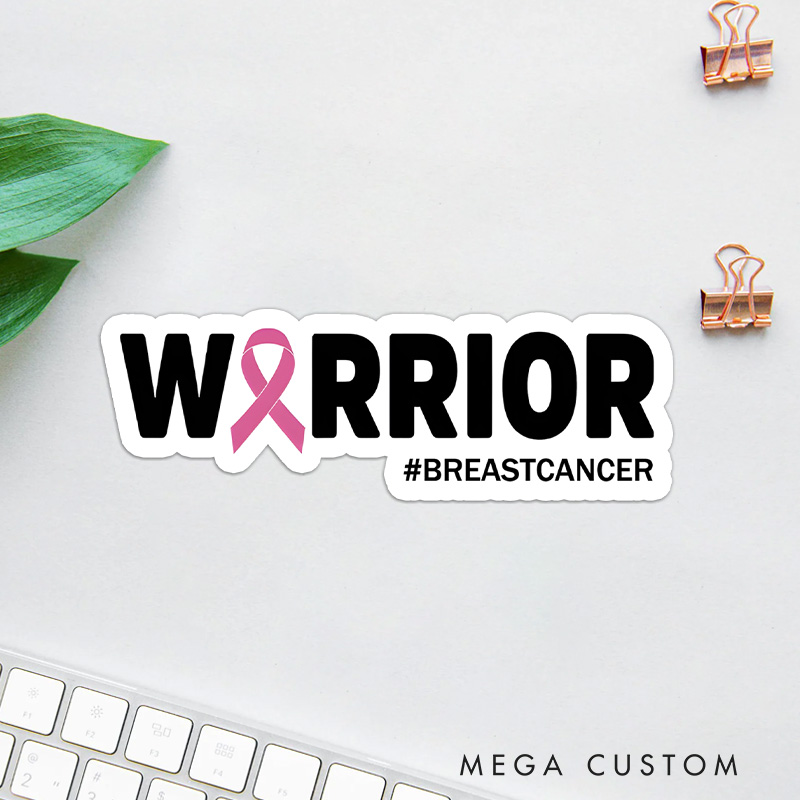 Personalized Warrior Pink Ribbon Sticker with Bold Text and Hashtag for Breast Cancer Fighter Spirit Stickers