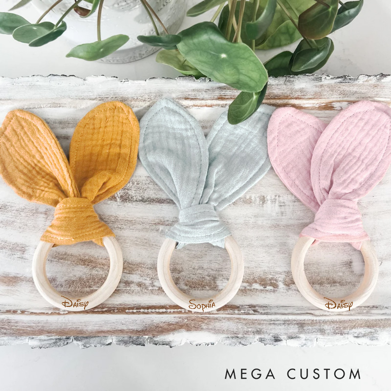 Personalized Whimsical Script Name Engraved Wooden Toy for Baby Playful and Sweet Bunny Ear Baby Rattle Gift for New Baby
