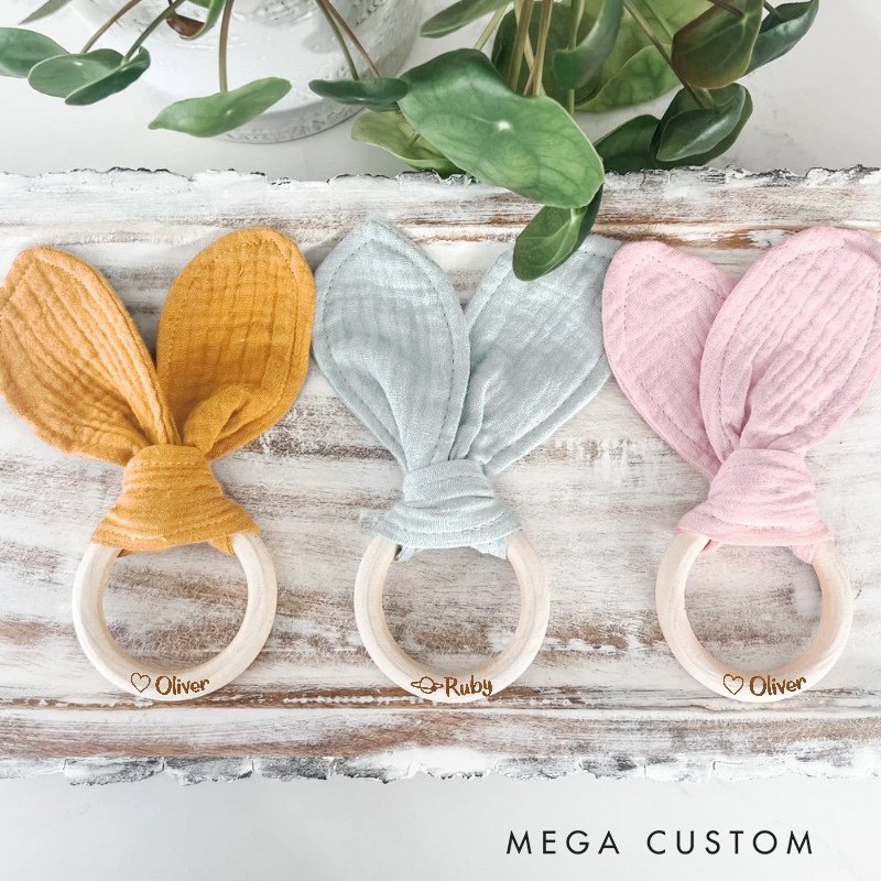 Personalized Symbol and Baby Name Engraved Wooden Toy for Babies Adorable and Loving Bunny Ear Baby Rattle