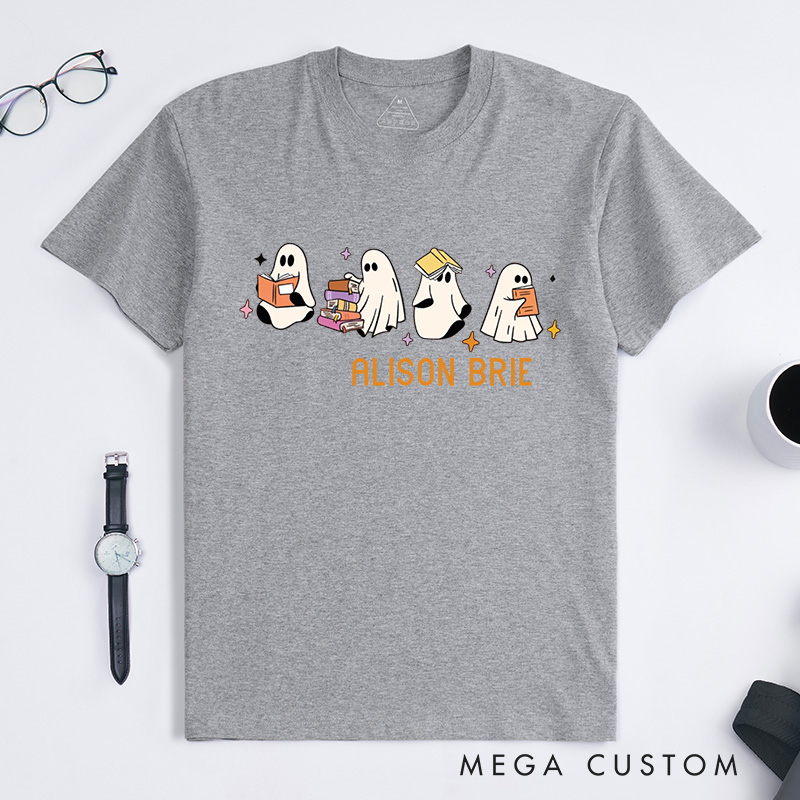 Personalized Ghosts Reading Books Classic T-Shirts Reading Fans Tee Cute Little Ghost Shirt Spooky Season Shirt Book Shirt Customized Name Shirt Gift for Books Lover