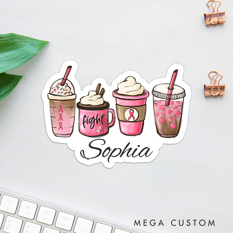 Personalized Cute Coffee Cup Sticker Set with Pink Ribbon and Fight Theme for Fun and Motivational Style Stickers