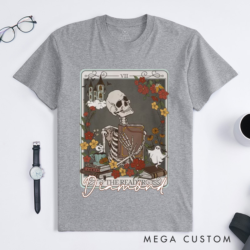 Personalized the Reader Tarot Card Crewneck Classic T-Shirts Skeleton Shirt Book Lover Shirt Bookish Shirt Librarian Shirt Reading Shirt