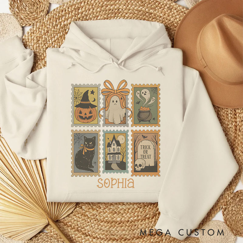 Personalized Vintage Halloween Postage Stamps with Spooky Icons Hoodies