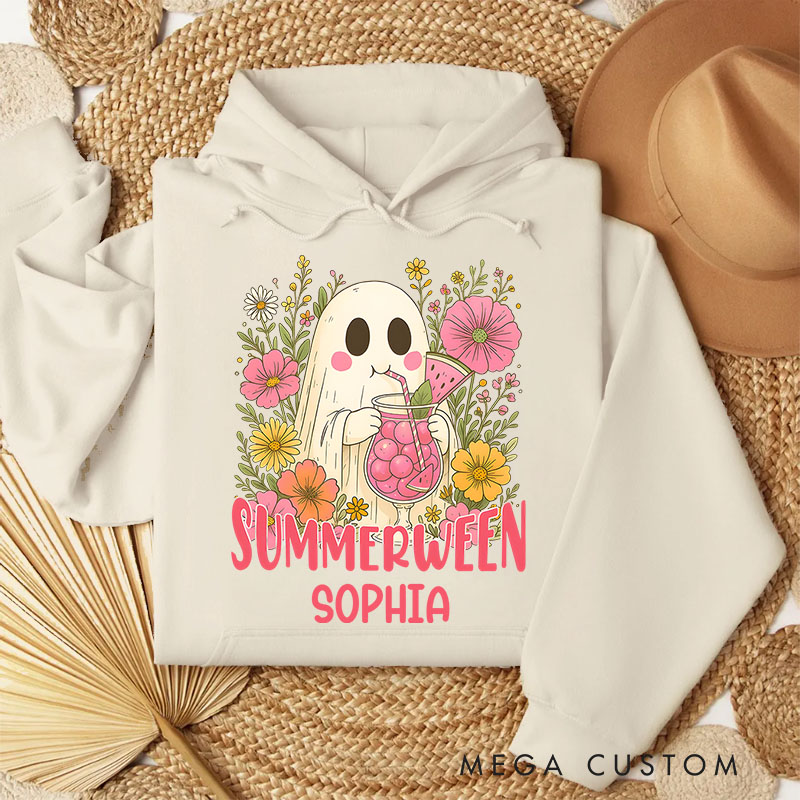 Personalized Summerween Ghost with Colorful Flowers and Happy Vibes Hoodies