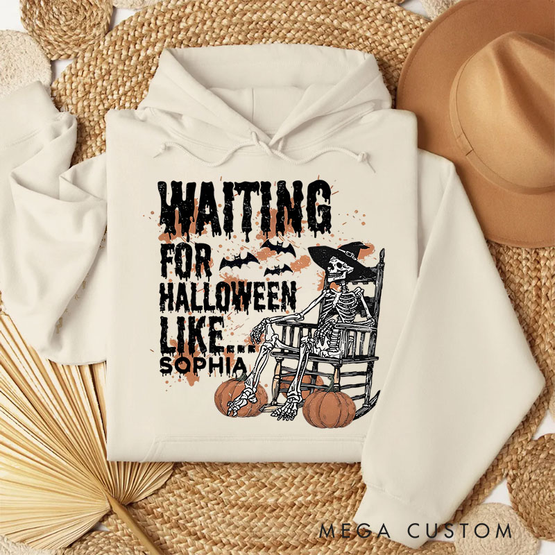 Personalized Waiting for Halloween Skeleton in Witch Hat with Pumpkins and Bats Fun Spooky Hoodies