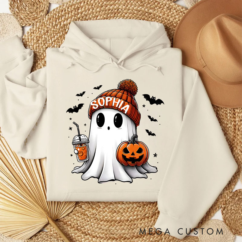Personalized Adorable Ghost with Pumpkin and Coffee Autumn Halloween Aesthetic Hoodies