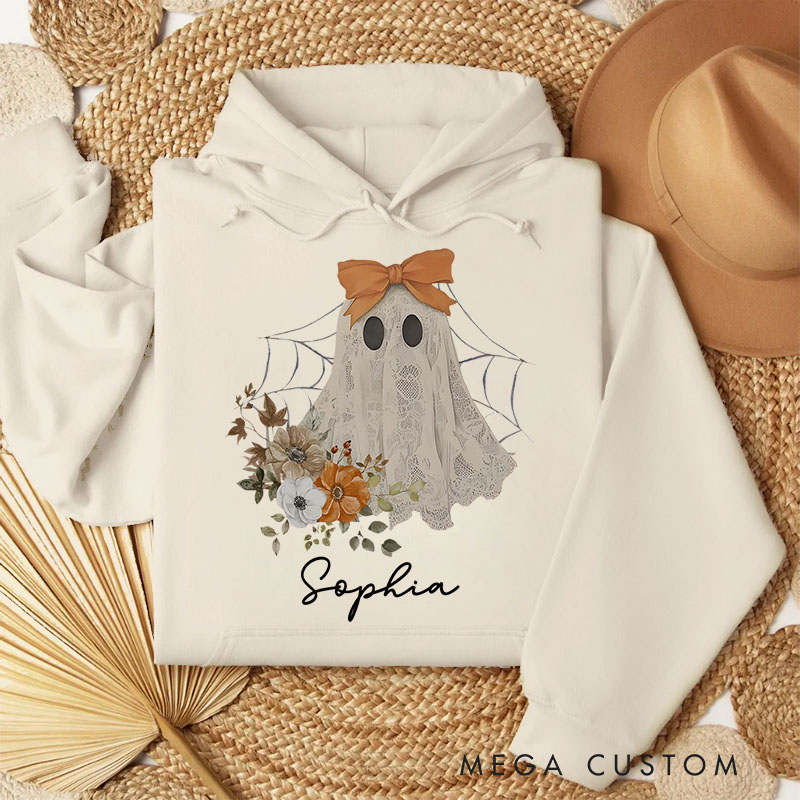 Personalized Elegant Ghost with Bow and Floral Accents Halloween Hoodies