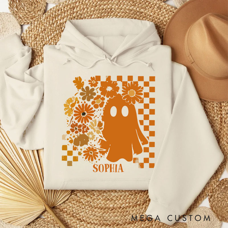 Personalized Cute Ghost with Sunflowers and Checkerboard Pattern Rustic Halloween Hoodies