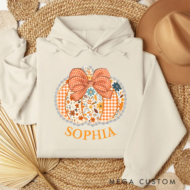 Personalized Gingham Pumpkin with Bow and Floral Accents Autumn Harvest Hoodies