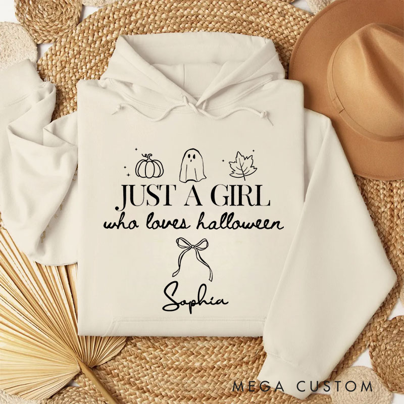 Personalized Just a Girl Who Loves Halloween Cute and Playful Ghostly Fun Hoodies