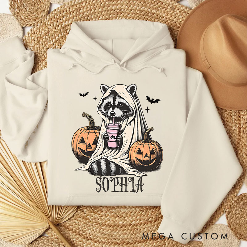 Personalized Raccoon with Pumpkins and Bats Adorable Halloween Forest Vibes Hoodies
