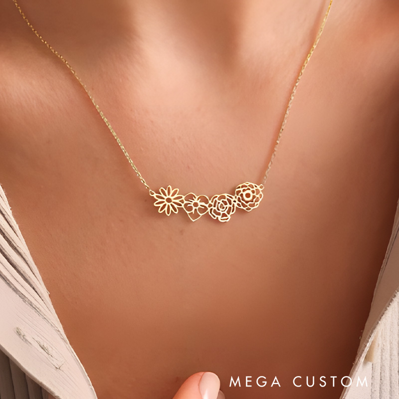 Personalized Dainty Birth flower Necklace Birth Flower Bouquet Necklace Gift for Her
