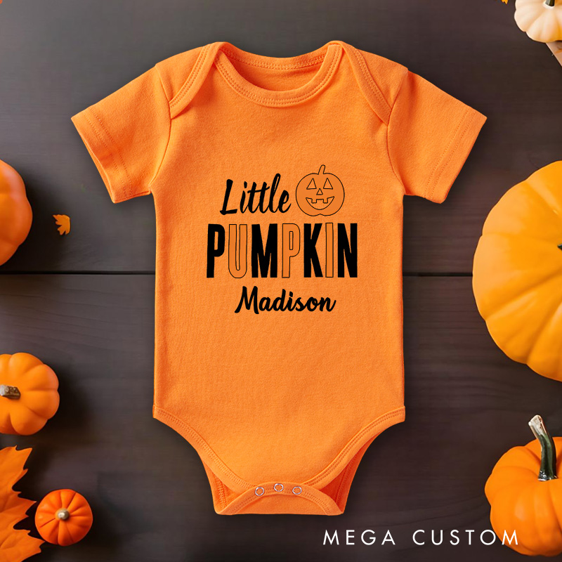 Personalized Little Pumpkin Featuring Halloween Motif and Customizable Name for Festive Baby Onesie